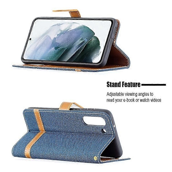 Splejsning Jeans Stof Overflade Læder Telefon Cover Wallet Stand Case Kompatibel Med Samsung Galaxy S21 FE/S21 Lite OceanBlue