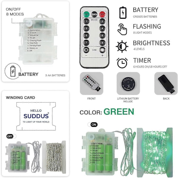 St Patricks Day Ljusslinga, 10 m 100 LED Ljusslinga med Fjärrkontroll, Grön Fairy