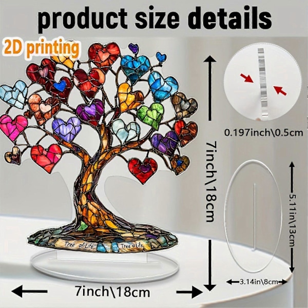 Hjerte Tre Ornament Skrivebord 2D Flat Akryl Dekor Multi-Farget Kjærlighetshjerter Tre med Base for Hjemmebord Dekor Valentinsdagsgave