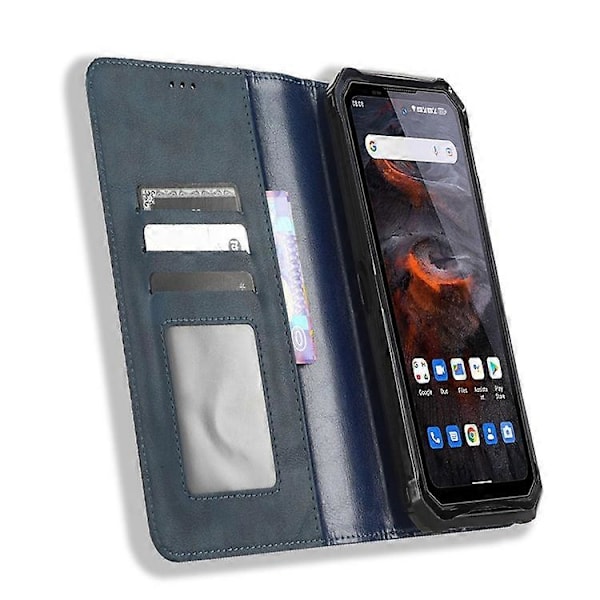 Kompatibelt för Oukitel WP19 Retro Textur Magnetisk Absorptionsfodral Präglat Mosaik Plånboksställ Skyddande Skal Blue