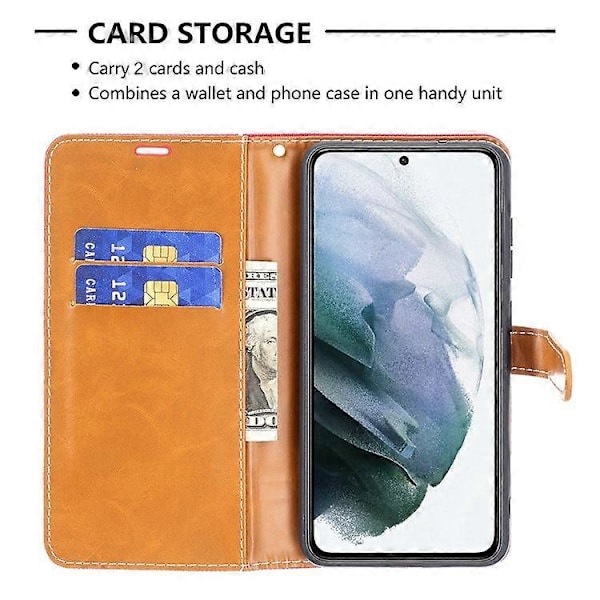 Splejsning Jeans Stof Overflade Læder Telefon Cover Wallet Stand Case Kompatibel Med Samsung Galaxy S21 FE/S21 Lite Red