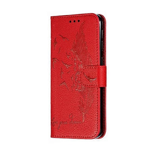 Litchi Tekstur Præget Fjer Læder Telefon Cover med Wallet Stand Kompatibel til Samsung Galaxy A20e Red