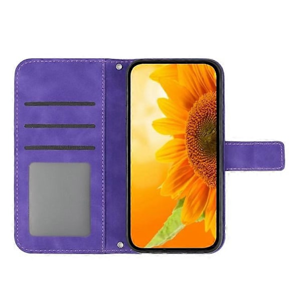 Kompatibelt för Samsung Galaxy M53 5G HT04 Skin-touch PU Läder Mobiltelefon Skydd Skal med Tryckt Solros Ställ Plånboksfodral DarkPurple