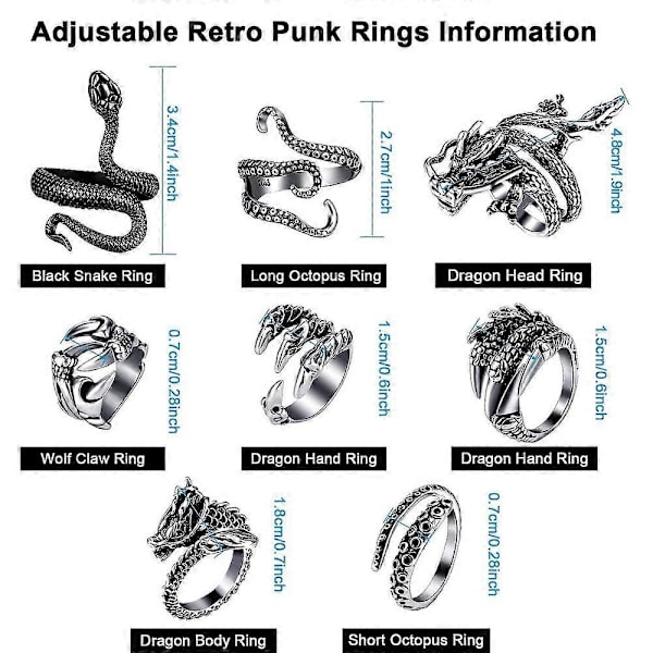 8 kpl Vintage Punk Sormuksia Mustekala Lohikäärme Käärme Säädettävä Sormus YIX