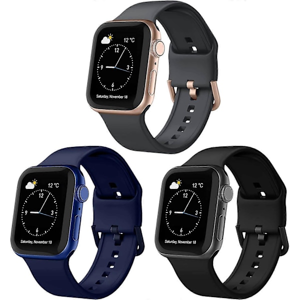 3 kpl Yhteensopiva Apple Watch -rannekkeiden kanssa 41 mm 40 mm 38 mm, Pehmeät silikonista valmistetut urheilulliset rannekkeet, korvaava hihna klassisen lukon kanssa iWatch Series SE 7 6:lle