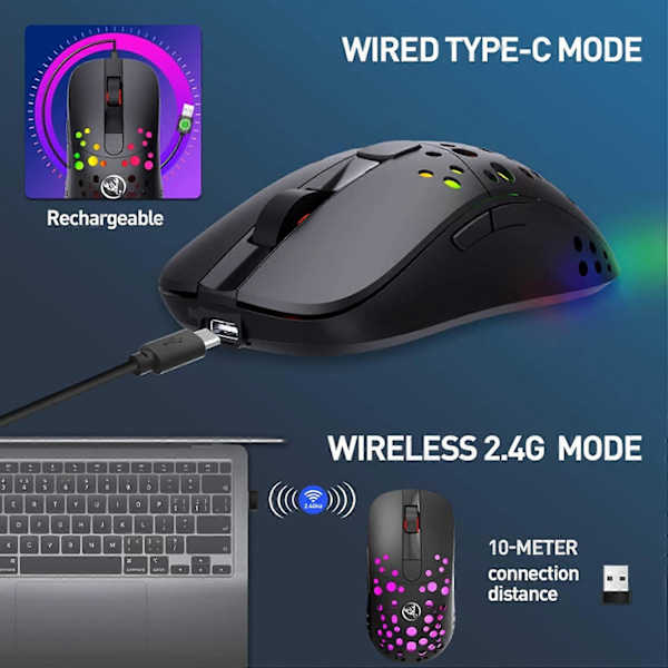 Gamingmus, 2.4G Trådlös och USB Kabelansluten Dual Mode Uppladdningsbar Mus med 6 Programmerbara Knappar Anpassningsbar Bakgrundsbelysning 10000 DPI 1000 Hz (Svart)