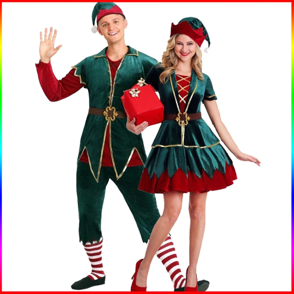 Cosplay-asu Joulupuku naisille ja miehille Juhlakarnevaalimekko Uudenvuoden Cosplay Green Elf -joulupukujen ystäville Lovers men M