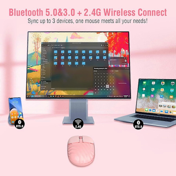 Bluetooth & Trådløs Mus, 3 Moduser Bluetooth 5.0 & 3.0 Oppladbar Mus med Søt Vannbølge, 3 Knapper, 2.4G Bærbar Datamus for iPad, La