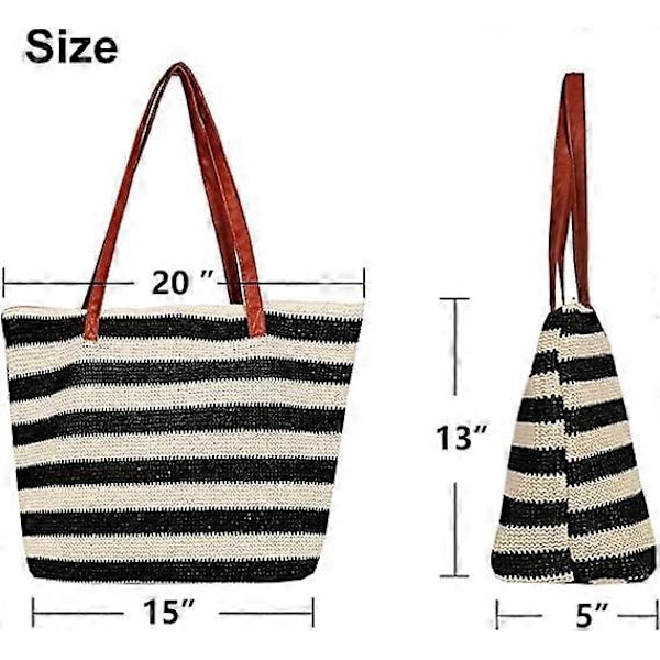 Stribet og syet halmstrandtaske med lynlås, perfekt til strandrejser, shopping og picnic
