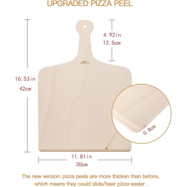 Sett med 3 pizzaspader, bjørketre, skråkant, ergonomisk håndtak, ovnsbaking