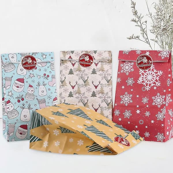 24 st Kraftpapperspåsar Tryckta Julklappspåsar Godislådor Popcornfodral Q