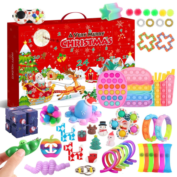 Ny adventskalender 2021 Julleksak för barn Nedräkningskalender 24 dagars julleksaker Jul Push Bubbles Toy Pack Present Noel Fluorescence Yellow