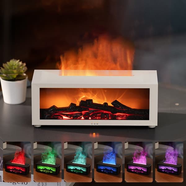 Eldstad Luftfuktare med LED-flameffekt & Aromadiffuser – USB, Fjärrkontroll, Timer, Tyst Design för Hem & Kontor