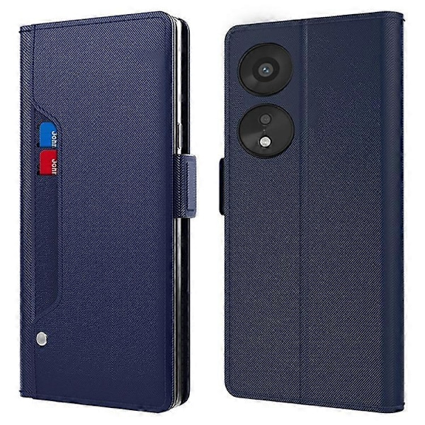 PU Läder Mobiltelefonfodral Kompatibelt För Oppo A78 5G, Inbyggd Spegel Kort Hållare Telefonställ Skydd Skal Blue