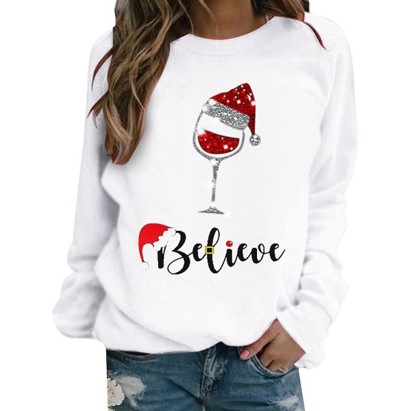 Joulu Naisten pitkähihainen Print T-paita Xmas Casual löysä collegepaita Paidat Crew Neck Pusero Pullover Puserot White L