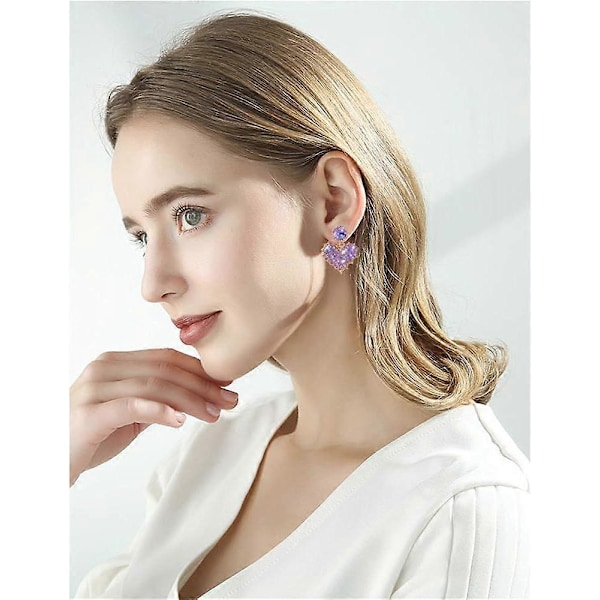 Heyone Chic Gull Rød Krystall Kjærlighet Hjerteformede Øredobber Sjarm Skinnende Lilla Rhinestone Blad Hengende Dråpe Øredobber Valentinsdag Smykker Gaver Fo