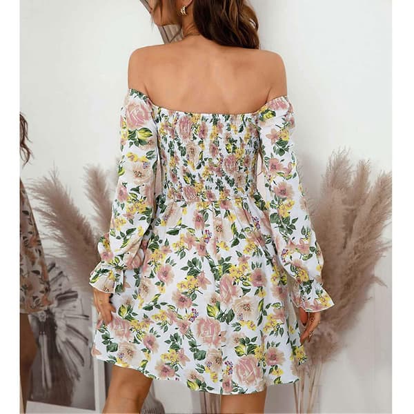 Blomstret Rynket Off Shoulder Kjole Moderigtig Elastisk Strækbar Elegant Kjole til Kvinder