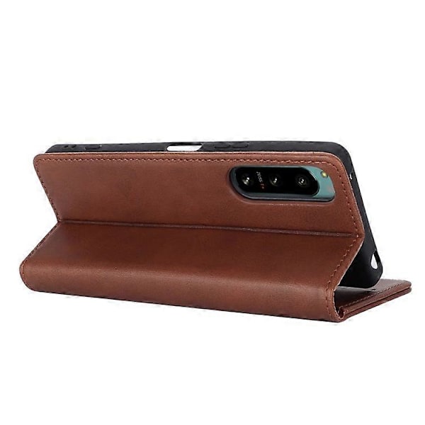 Yhteensopiva Sony Xperia 5 IV 5G Magneettinen Nahkakotelo Vasikannahka Kuvioitu TPU Suojaavalla Sisäkuorella DarkBrown
