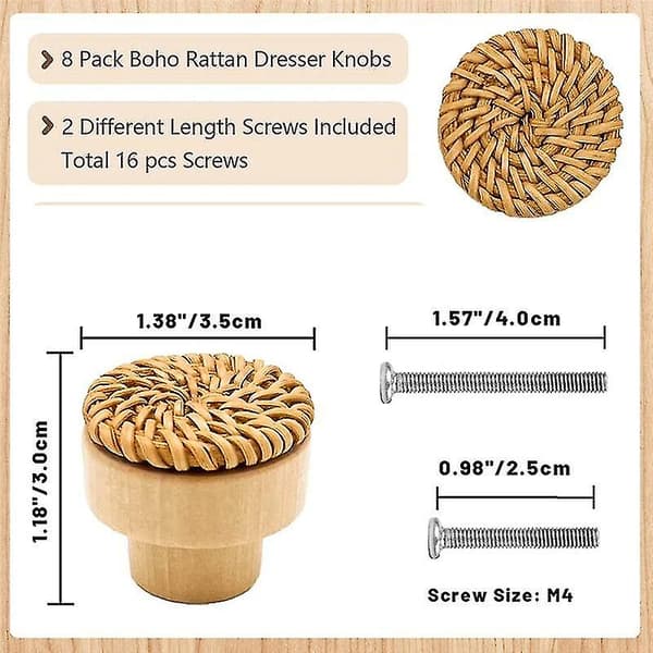8-pack Boho Rattan Knoppar för Byrålådor Träskåpsknoppar för Vide Dekor Boho Rattan Låda
