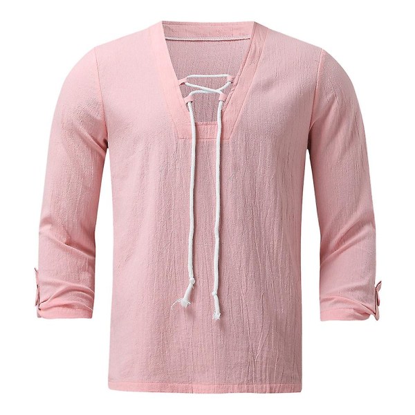 Mens sommar V-ringad spetsskjortor Casual Holiday Solid Shirts T-tröjor Pink M