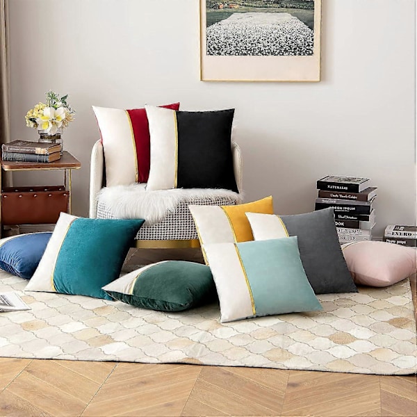 Pakke med 2 dekorative fløjlspudebetræk patchwork med guld læder firkantet bløde ensfarvede pudebetræk sofapuder hyndebetræk til seng sofa Li
