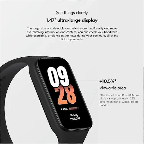 XIAOMI Smart Band 8 Active Global Version, 1,47\" LCD-näyttö, aktiivisuusranneke urheiluun ja terveyden seurantaan Black