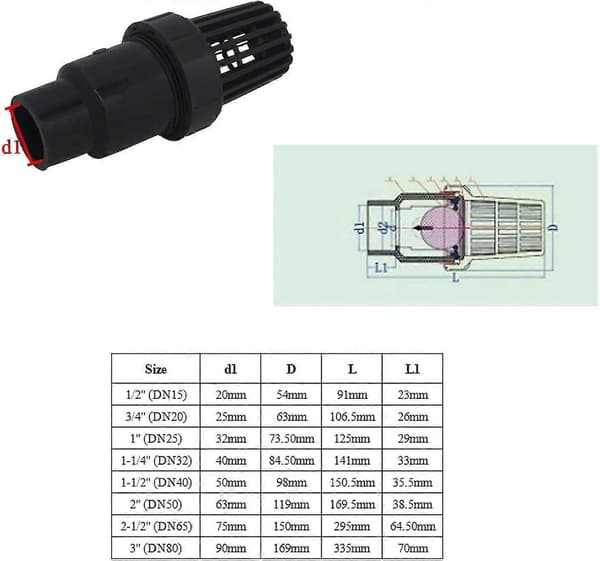 Fotventil backventil med kulventil, 25 32 40mm silventil, pvc-pump (Innerdiameter 25mm)