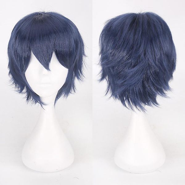 Anime Cosplay Peruk Rekvisita Kort rakt hår Full Peruk Artificiellt hårstycke Indigo Blue