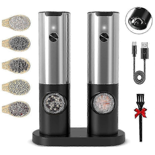 Laderbar Elektrisk Salt- og Pepperkvernsett med Dobbel Laderbase, USB-kabel, Automatisk S