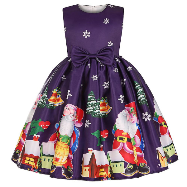 Jouluiset Lapset Tytöt Hihaton A-linjainen mekko Joulupukki Print Bowknot Swing Skater Mekot Ilta-joulujuhlapuku puku Purple 8-9 Years