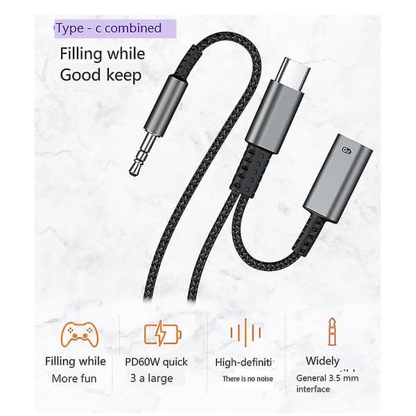 Type C til 3,5 mm lydadapterkabel Aux Bil Hifi Lydadapter Digital Dekoder Hovedtelefonadapter