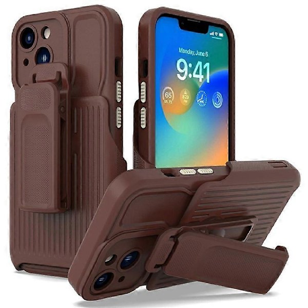 Explorer Series Kompatibelt För iPhone 13 Bakre Klämma Ställ Design PC + TPU Telefonskyddsfodral Fallsäkert Skal Brown