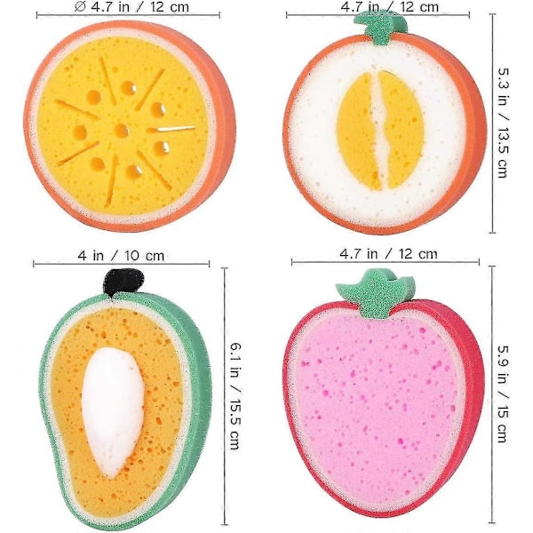 4 st Söta Fruktformade Badsvampar Badborstar Svampar Skrubbar Badverktyg för Barn (Mango + Honungsmelon + Apelsin + Jordgubbe)