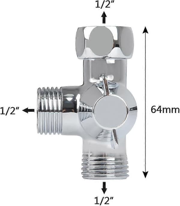 3-veis omkobler for dusjkran, Messing, 0.5\", Sølvfarget