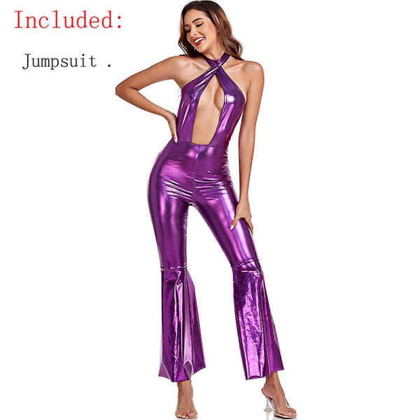 Multiple Lady 60-tal 70-tal Hippy Disco Kostym Sexig Erotisk Lead Dans Klubbkläder Romper Cosplay Carnival Halloween Fancy Party Dress Purple M