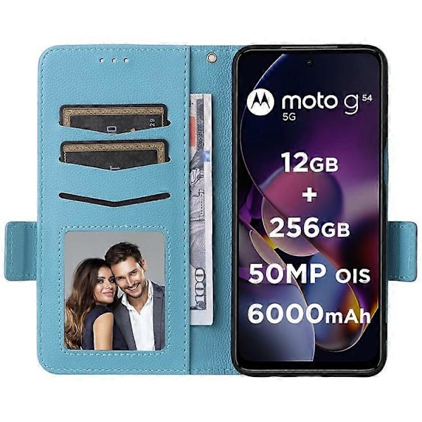 Kompatibel til Motorola Moto G54 5G / G54 Power Etui Pung Stand Telefon Cover med Rem LightBlue