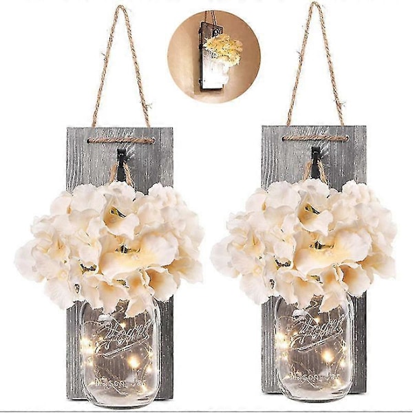 2 Rustika Mason Jar Ljusslingor, Sidenhortensia och LED-ljusslingor
