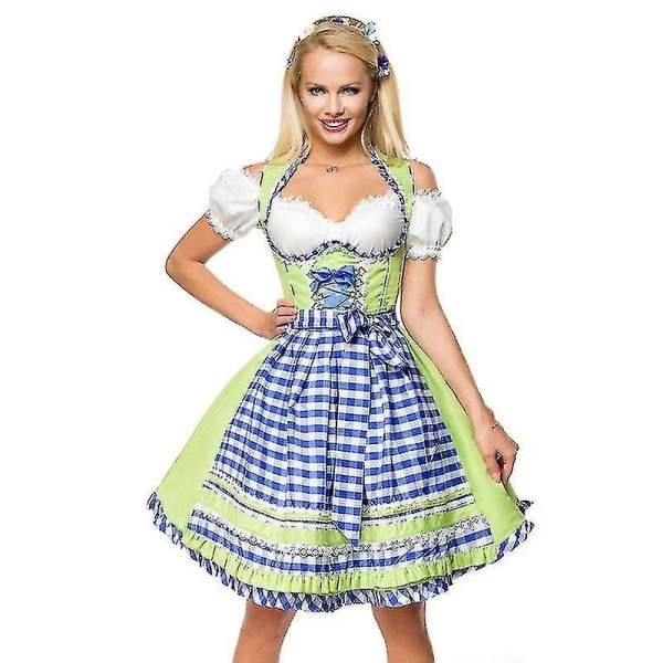 Halloween Mekot Lady Carnival Oktoberfest Puku Taverna Beerfest Tarjoilija Dirndl Crop Top Ruudullinen Esiliina Asu Cosplay Halloween Fancy Juhlamekko Korkea Green M-Oktoberfest