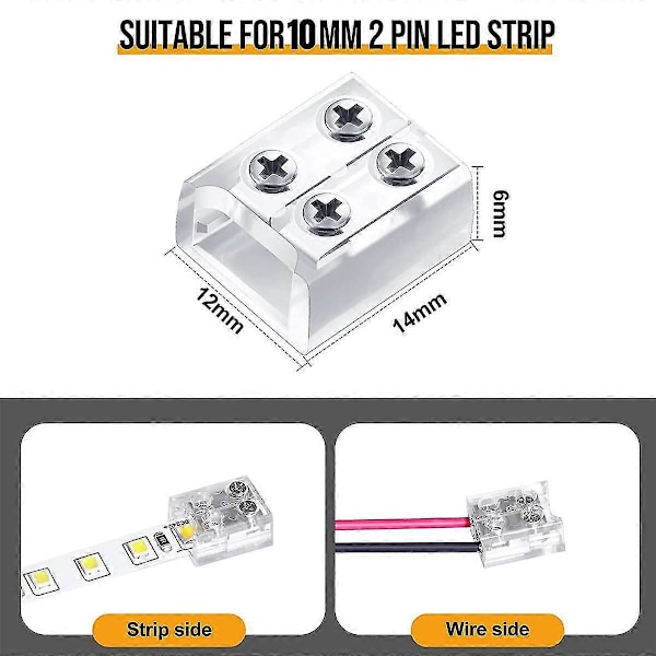 2-benet 10 mm loddefri LED-strip lysstik ledningsterminalblok til 5V 12V 24V enkeltfarvet lys