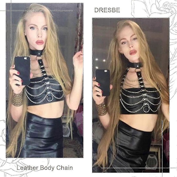 Punk Lager Kroppskedja Svart Läder BH Bur Sele Choker BH Kedjor Gotisk