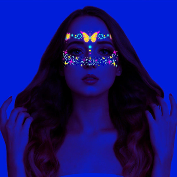 16 stk. Musikkfestival Fluorescerende Sommerfugl Vanntett Ansiktsklistremerke Maskeradefest Neon Tatoveringsklistremerke