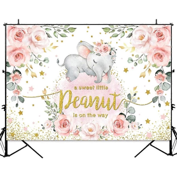 Baby Jente Elefant Baby Shower Bakgrunn Rosa Blomster Søt Liten Peanut er på Vei Fotografering Bakgrunn Rosa Elefant Foto Banner for Festkake