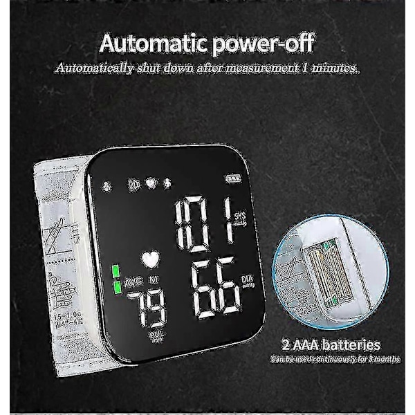 Blodtrycksmätare - Handleds Noggrann Automatisk Högt Blodtrycksmätare, bärbar LCD-skärm Oregelbunden Hjärtrytm Mätare Med Förvaringsväska Och A