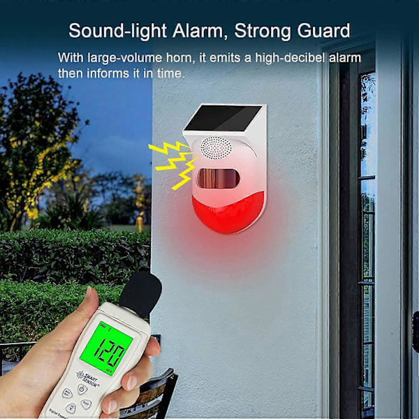 Solenergi Rörelsesensor Inomhus Rörelsesensor Utomhus med Fjärrkontroll, Trådlös Infraröd Närvarodetektor, 100 dB Ljud och IP67 Vattentät, Al