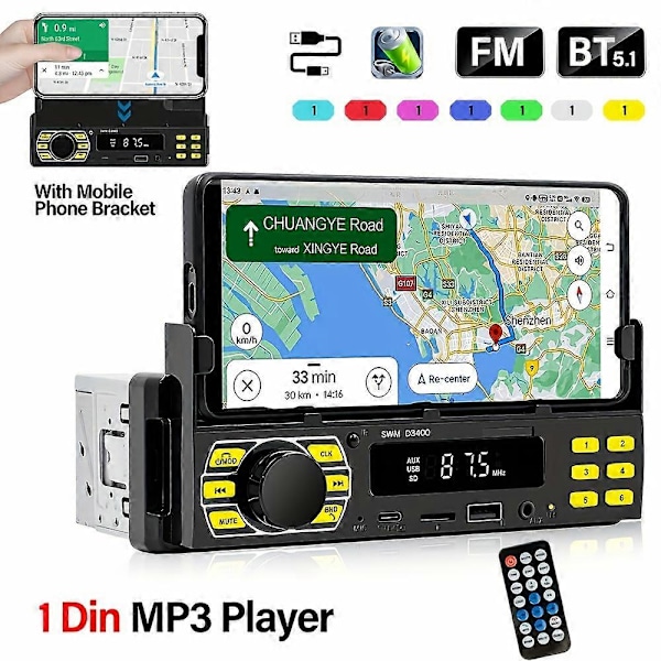 1DIN Bilradio Stereo med Fjärrkontroll Digital BT Bil Ljud Musik Stereo 12V Bilradio MP3-spelare med USB/SD/AUX-IN+ Mobiltelefonhållare+ APP
