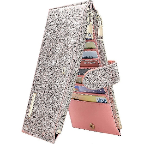 Dame Rfid-blokerende Pink Glitter Læder Multi Kort Organizer Bifold Pink Pung Med Lynlåslomme, Rosaguld