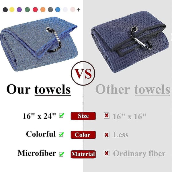 2-pak Tri-fold golfhåndklæder, Premium mikrofiber vaffelmønster med sort kraftig karabinhage