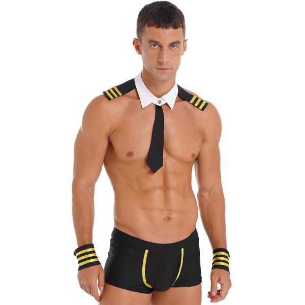 Sexig sjömansdräkt för män 4-delad slips krage Boxer Underkläder Kapten Uniform Underkläder Set för Halloween-fest M