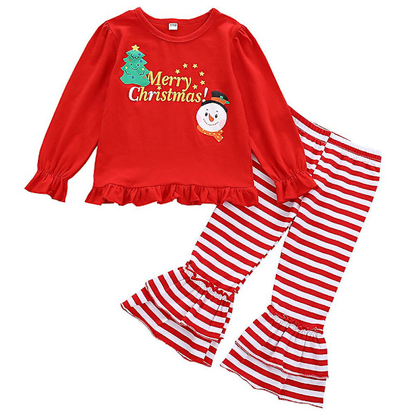Jul Barn Flickor Långärmad printed volang långärmad T-shirt Topp + Randiga Flare Byxor Långbyxor Pyjamas Set Julfest outfit 2-3 Years