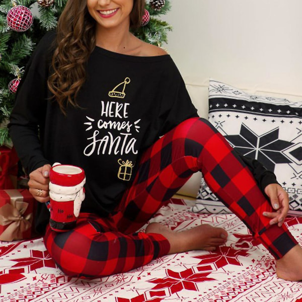 Kvinnors print Set Jul långärmade toppar Rutiga byxor Pyjamas Hemkläder Black 2XL